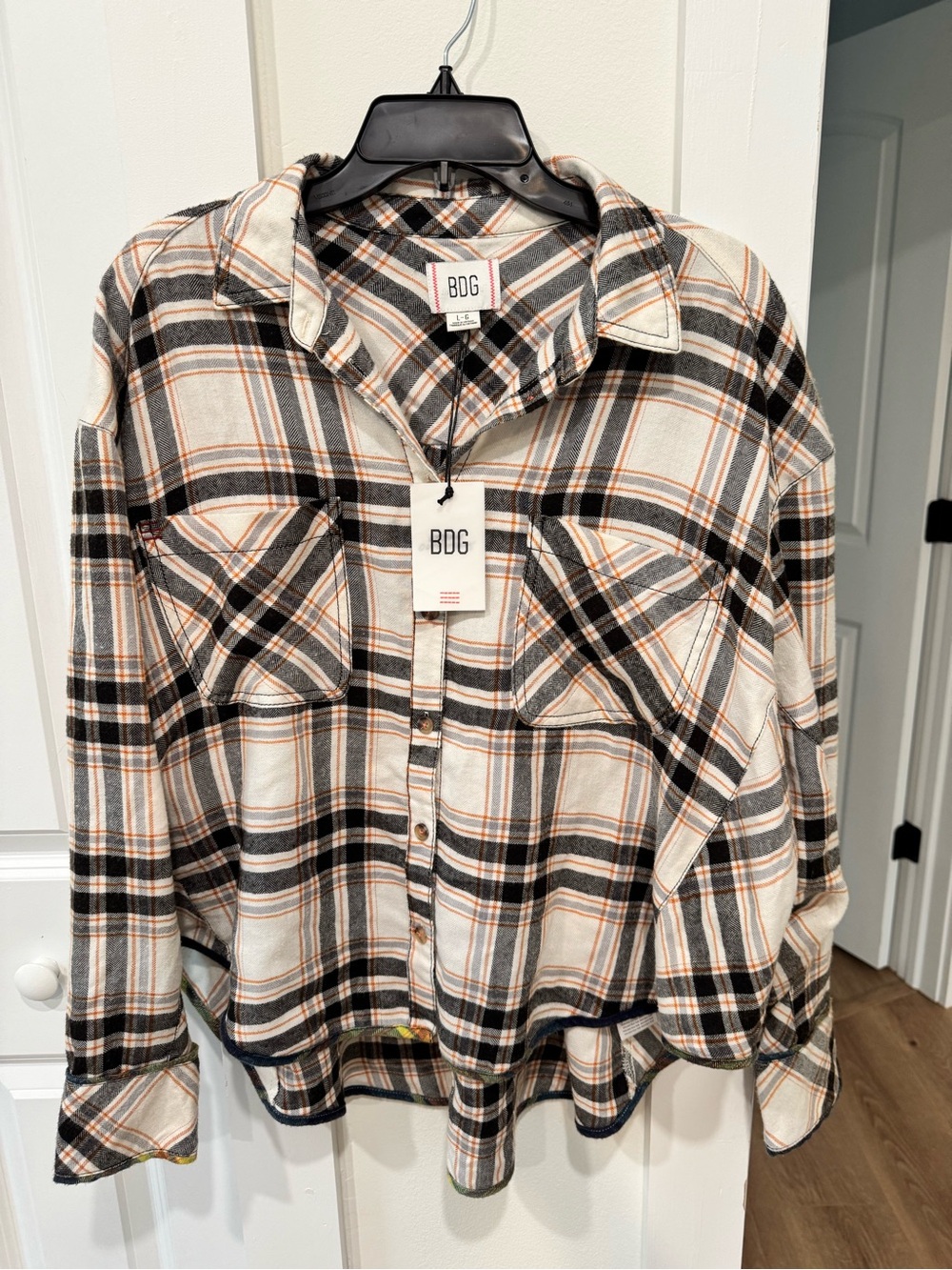 BDG Plaid Button-Down Shirt in Cream, Black & Orange